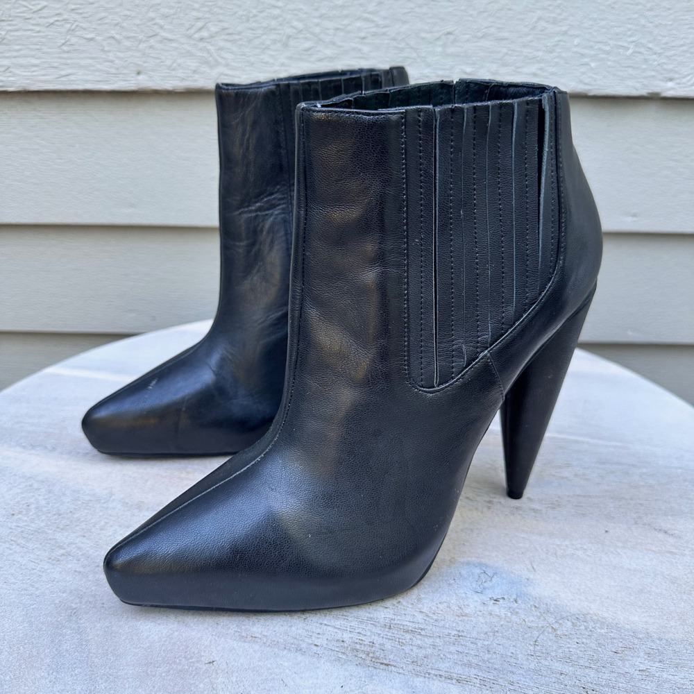 Jeffrey Campbell Black Leather Pointed Toe Cone Heel Ankle Boots Womens 8 - Picture 2 of 15